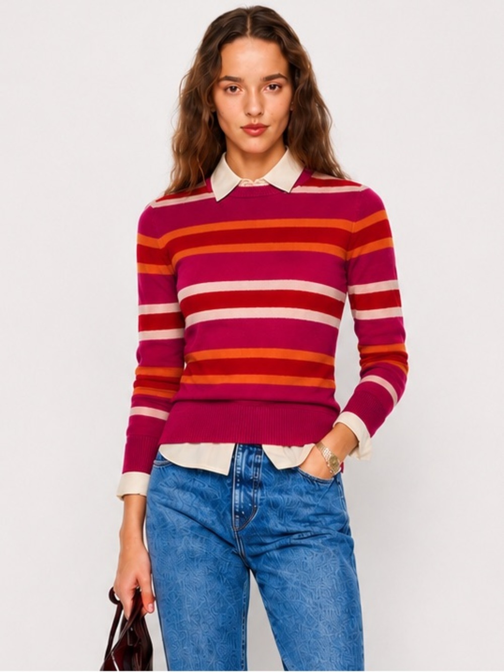 Banana Republic Cashmere Striped Sweater XS Pink Red Crewneck Preppy